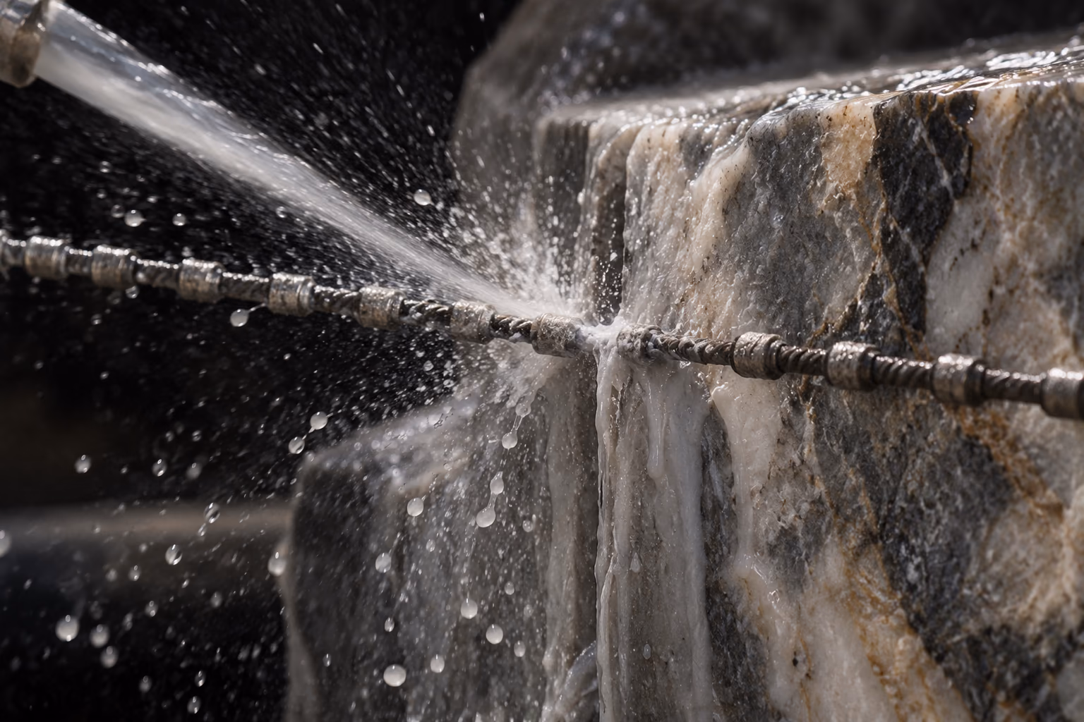 A diamond wire running through pale stone under a curtain of cooling water.