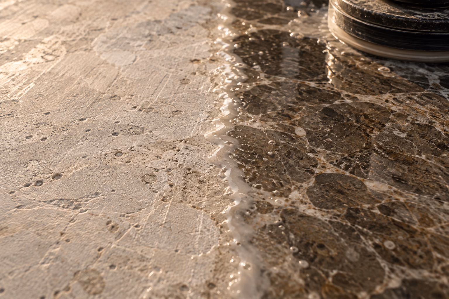 A polishing head passing over a dark slab, the surface turning to a wet mirror behind it.