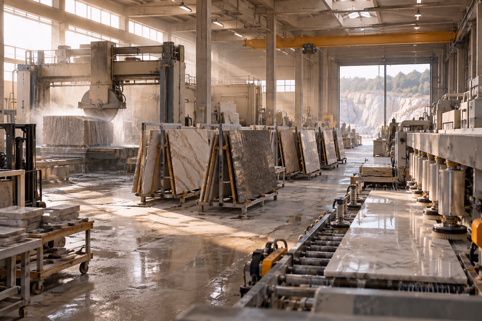 The slab hall: sawn sheets standing in line under daylight, waiting for calibration.