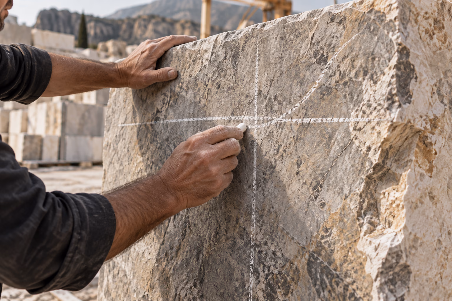 Two hands drawing the cut line across a slab with a straight edge before sawing.