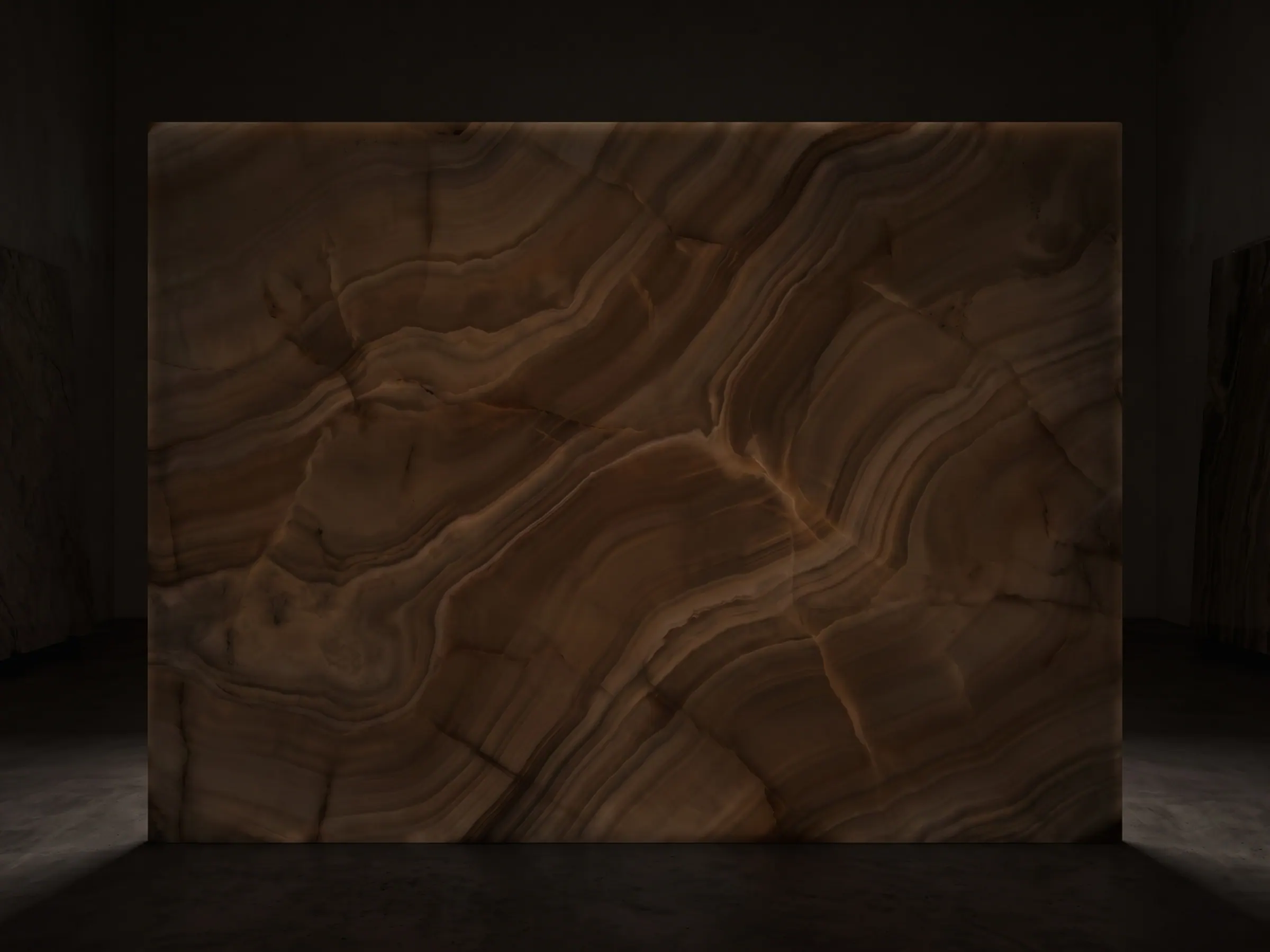 Sahara Lumen onyx slab with the backlight switched off, lit only by ambient room light