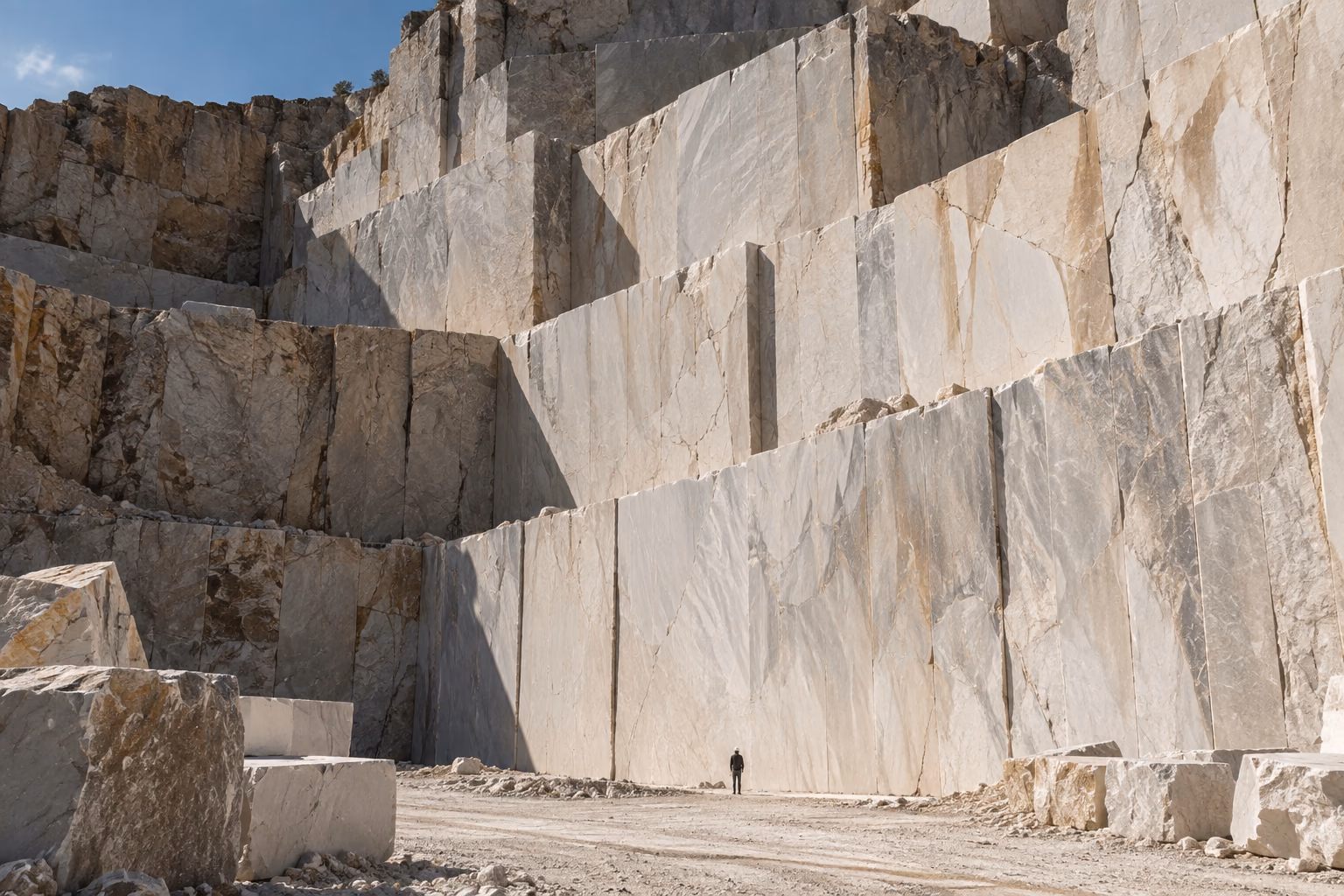 A working bench in an Algerian marble quarry: squared pale blocks cut from the face, a lone figure at the foot of the wall giving the scale.