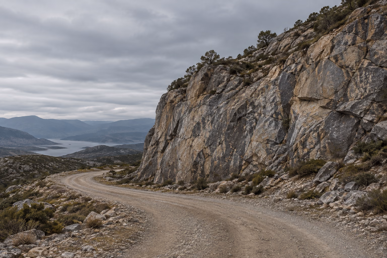 The approach to a remote Algerian working: a track cut along a limestone escarpment above a valley.
